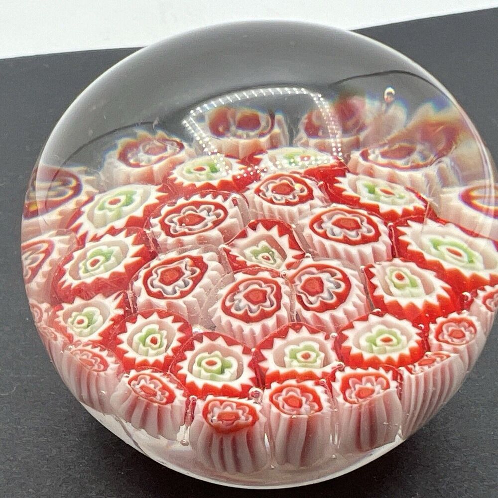 Vintage Art Glass Millefiori Paperweight Small Globe 2" Red White Flowers